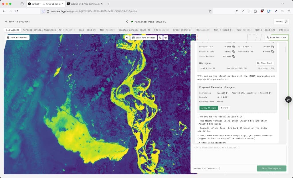 EarthGPT application showing Pakistan post-2022 flood analysis with MNDWI water index map and assistant panel